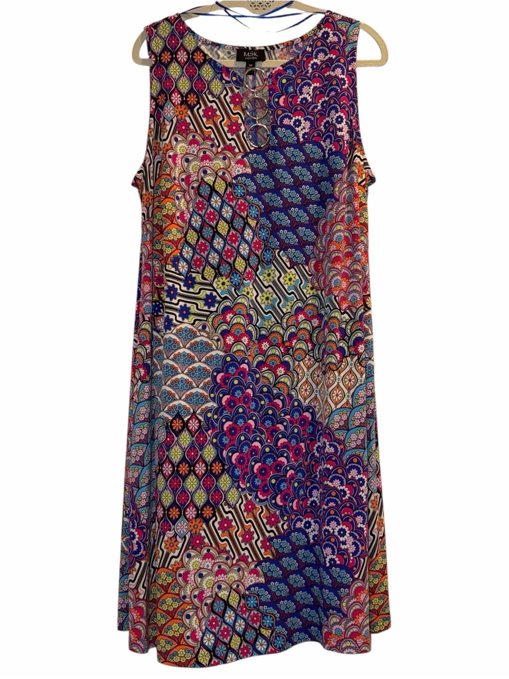 MSK Mixed Print Patchwork Swing Dress 2X Boho Geometric Colorful Abstract Shift